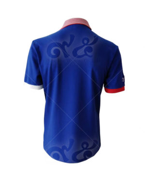 เสื้อโปโล-สี-น้ำเงิน-คอปก-ลายริ้ว-แขนจั้ม-สลับสี-แดงขาว-ด้านหลัง-polo-15