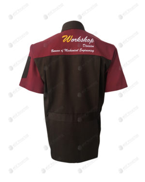 เสื้อช็อป 32 แขนสั้น ตัดต่อ สีน้ำตาล-แดง ด้านหลัง ปักด้านหลัง