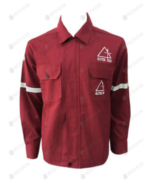 เสื้อช็อปแขนยาว 34 สีแดง มีกระเป๋า 2 ข้าง ติดเทปแขน ปักด้านซ้าย