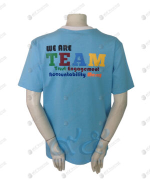 เสื้อยืด คอกลม ตัดต่อ สีฟ้า-ขาว สกรีน ด้านหลัง no.67