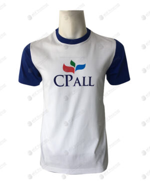 เสื้อยืดคอกลม ตัดต่อ สีขาว-น้ำเงิน สกรีน no.82