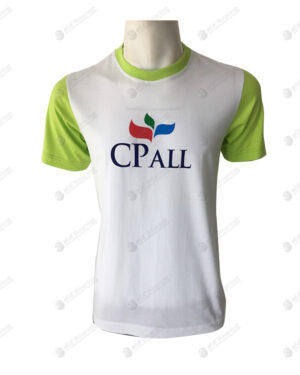 เสื้อยืดคอกลม ตัดต่อ สีขาว-เขียวใบเตย สกรีน no.82