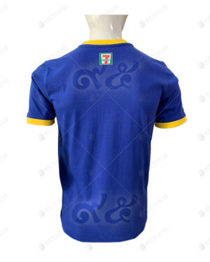 เสื้อยืดคอกลม ตัดต่อ สีน้ำเงิน-เหลือง สกรีน no.22